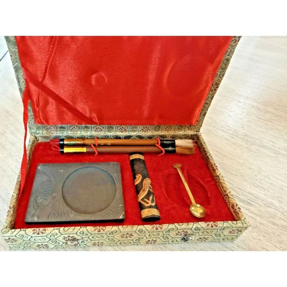 Japanese Calligraphy Set Inkstone Brush Writing Tools Silk Covered Storage Box